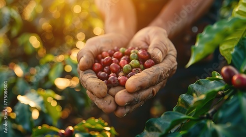 A farmer holds coffee beans in his hand against the backdrop of a coffee plantation. The concept of coffee farming and harvesting.