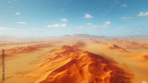 An aerial view of a vast desert landscape with sand dunes stretching to the horizon