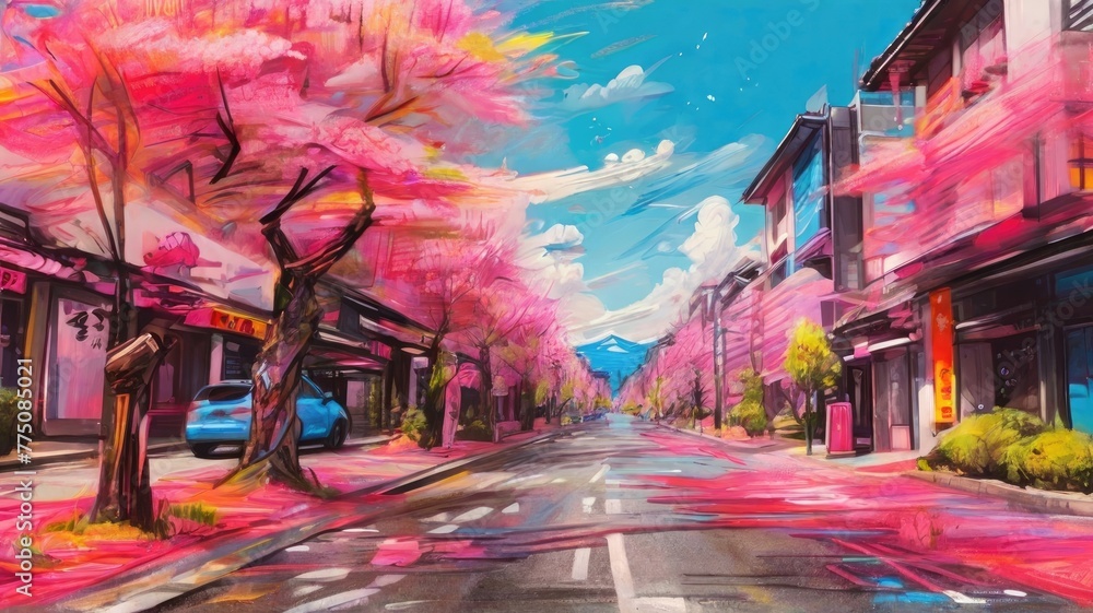 abstract street with cherry blosoom drawing scrible crayon background illustration