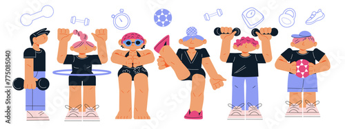 Children fun and educational sports activities, flat vector illustration isolated on white background. Engaging children in sports and physical activities for their overall development and fitness.