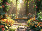 Whimsical garden swing, unique flowers, photorealistic, vibrant garden, sunlight  ,3DCG,high resulution,clean sharp focus
