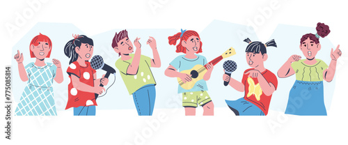 Group of children singing and playing musical instruments, flat vector illustration on white background. Children music lessons and karaoke. Kids vocal talent show or choir, school band.