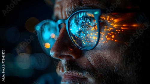 A man with glasses is looking at a computer screen. His right eye and the reflection of the screen are visible in the glasses