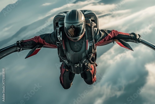 Skydiver in wing-suit flying high above clouds, showing extreme sports and adventure. photo