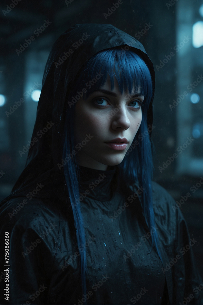 Portrait of a Woman with Blue Hair in Gothic Style Jacket Portrait of a Woman with Blue Hair in Gothic Style Jacket
