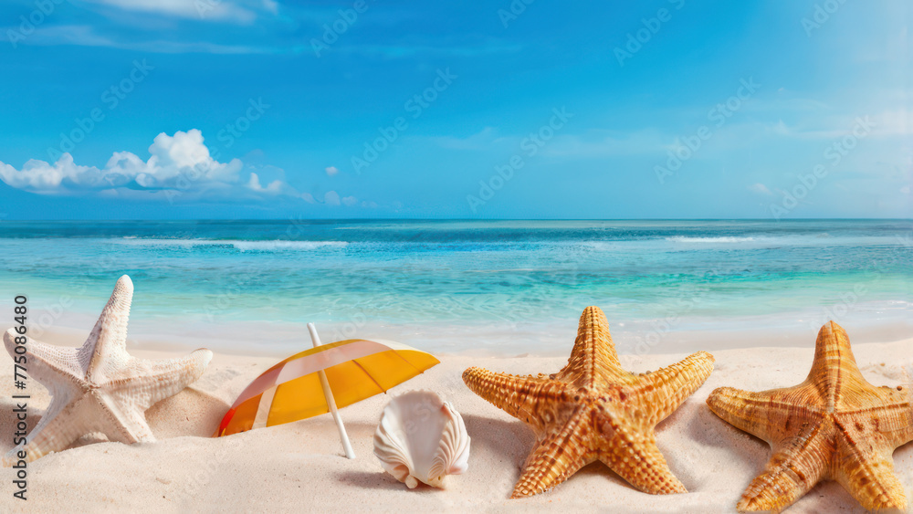 sea shells and starfish with decorative umbrella on the beach