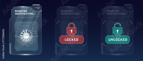 HUD retinal recognition biometric ID scan dashboard concept set. User eye verification scanner. Person identity security digital panel. Human retina identification. Authorization interface eps design