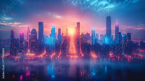 Sci-fi City Skyline with Blue and Pink Neon lights. Night scene with Visionary Skyscrapers. © aekkorn