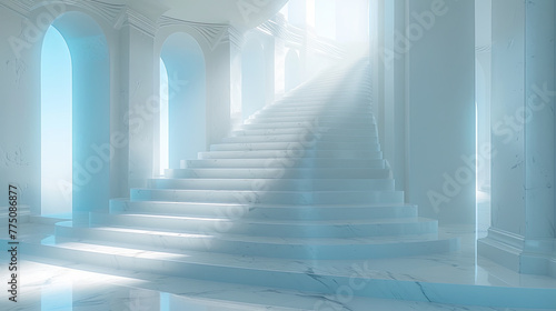 A white staircase leading up to a white archway