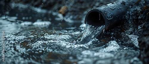 Polluting Water: A Closeup Shot of a Dirty Water Pipe Discharging Wastewater. Concept Pollution, Water Contamination, Environmental Crisis, Industrial Waste, Pollution Awareness photo