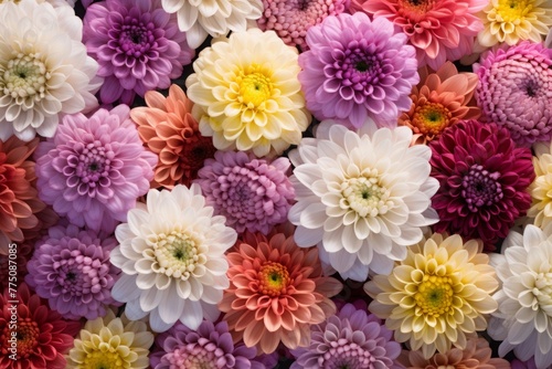 vibrant bouquet of chrysanthemums in various colors, captured from above. flowers are arranged to create an intricate pattern with different shades 