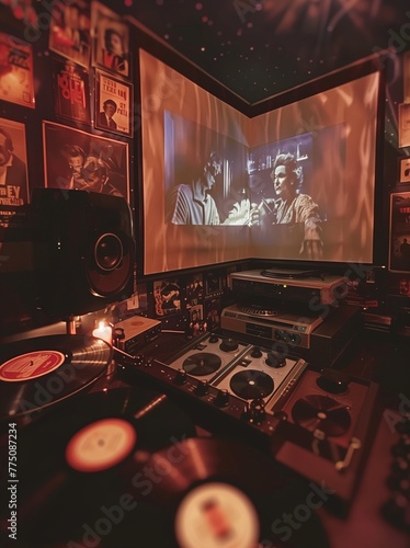 Realistic indoor color photo of a dimly-lit escape room, classic movie and vinyl themed. From the Series �Golden Age.�