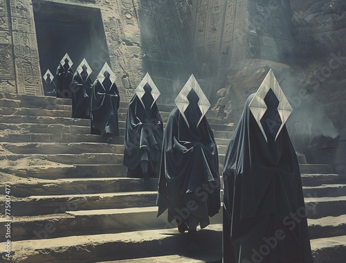 Realistic outdoor color photo of spooky figures in black robes and diamond-shaped headdresses descending the front steps of a ancient stone temple. From the Series �Lost Cities of Central Asia.� photo
