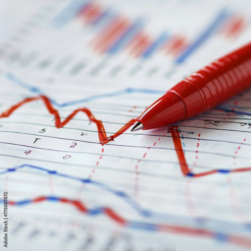 A red pen drawing of an upward trending graph on paper, with blue lines representing data points and white space for text or icons around the graphics, symbolizing business growth and market trends Th A red pen drawing of an upward trending graph on paper, with blue lines representing data points and white space for text or icons around the graphics, symbolizing business growth and market trends Th