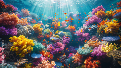 An aerial view of a vibrant coral reef teeming with marine life