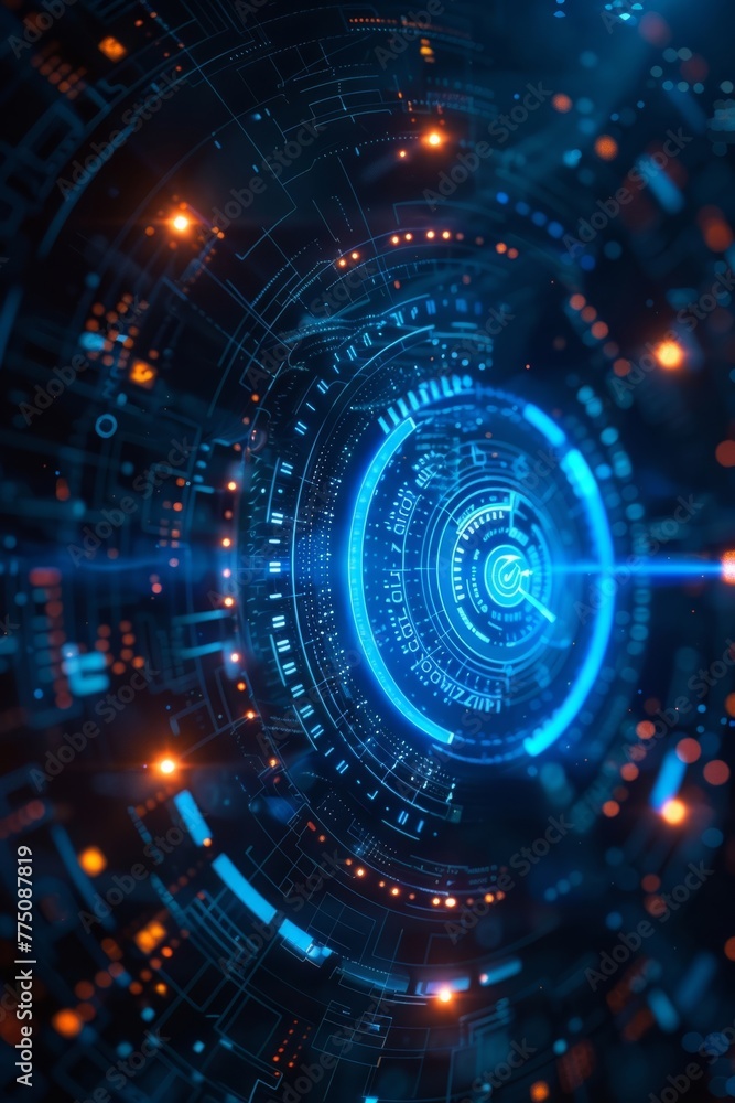 Explore the futuristic blue interface featuring cyber security elements like data encryption, firewall protection, and a secure network to defend against online threats.
