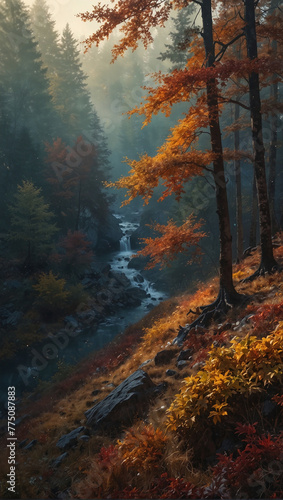 Captivating Landscape Artistry Depicting Vibrant Scenes of Nature s Transition in Foggy Valleys and Forests