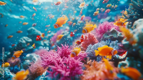 An aerial view of a vibrant coral reef bustling with colorful fish and other marine life © MuhammadInaam