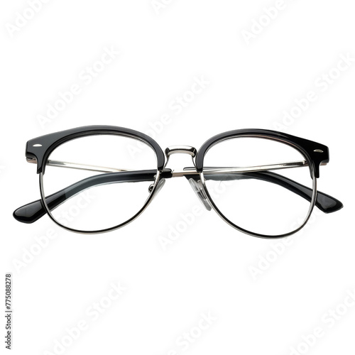 Black frame glasses on a white background with a subtle reflection on lenses