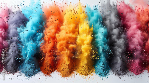 colorful rainbow holi paint color powder explosion isolated white wide panorama background.