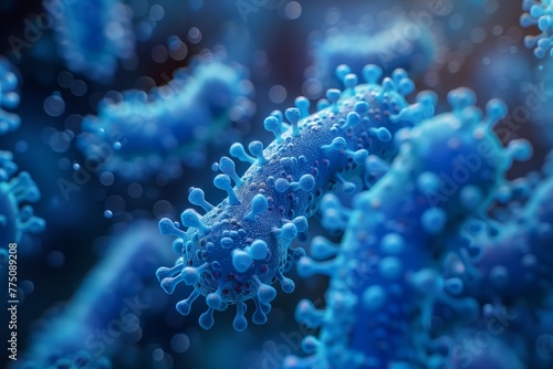 Blue virus particles on dark backdrop