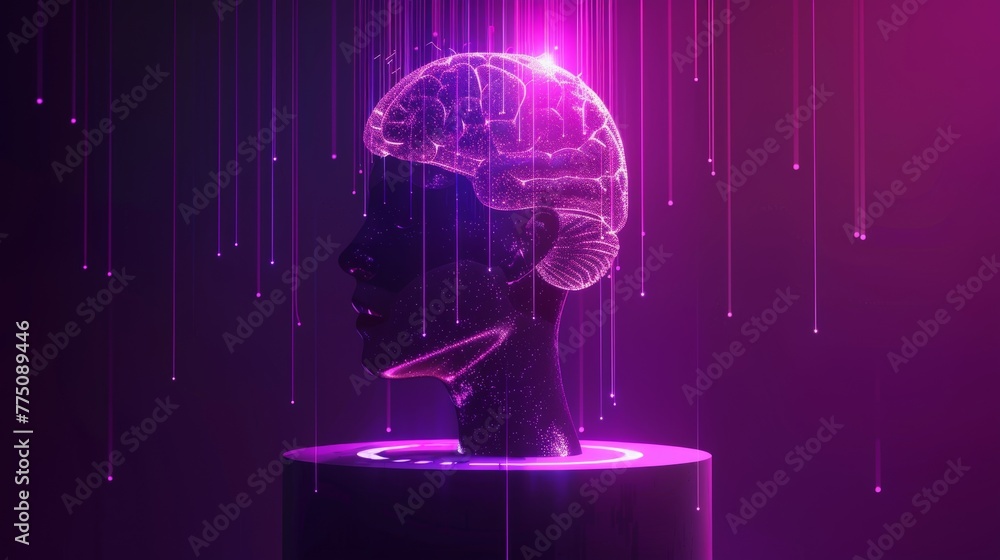 A global cybernetic mind controls humanity. A supercomputer with artificial intelligence in the spotlight. A digital brain with AI in the spotlight. A science futuristic concept with artificial - obrazy, fototapety, plakaty 