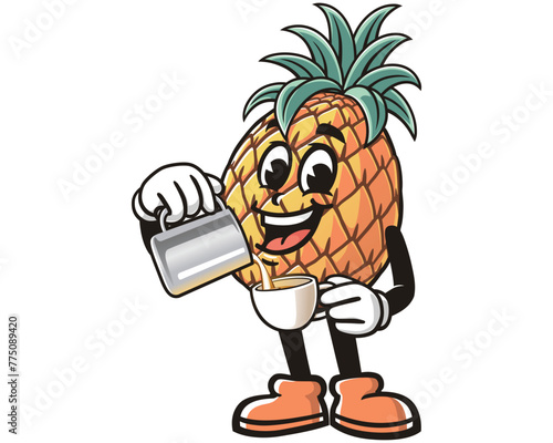 Pineapple is making coffee cartoon mascot illustration character vector clip art hand drawn