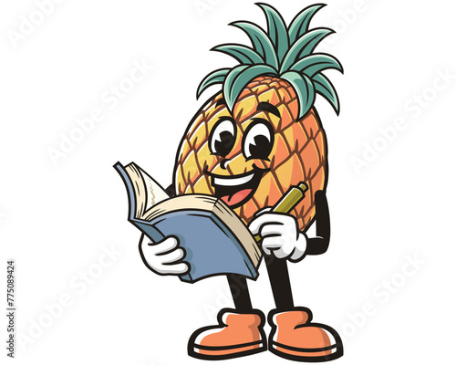 Pineapple with book cartoon mascot illustration character vector clip art hand drawn