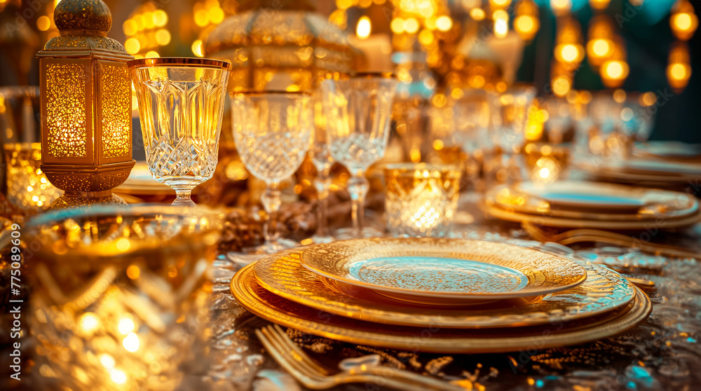 Festive table setting with golden crockery and lanterns. Concept of Ramadan celebration, Eid feast, luxury dining Festive table setting with golden crockery and lanterns. Concept of Ramadan celebration, Eid feast, luxury dining
