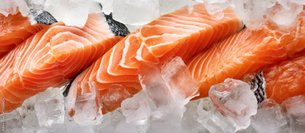 A close up view displaying a variety of fresh fish neatly arranged on a chilling bed of ice A close up view displaying a variety of fresh fish neatly arranged on a chilling bed of ice