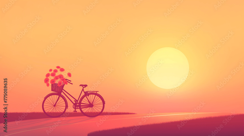 Fototapeta premium Bicycle with flowers at sunset. Summer background with copy space. Concept of serene summer evenings and healthy outdoor activities