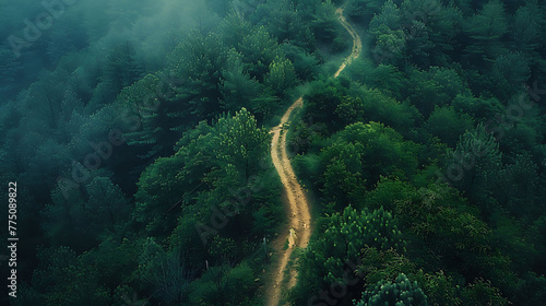 An aerial view of a winding hiking trail leading through dense forests