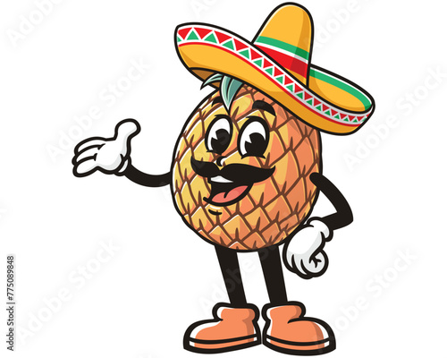 Pineapple wearing sombrero cartoon mascot illustration character vector clip art hand drawn
