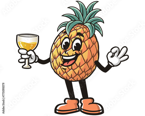 Pineapple holding a glass of drink cartoon mascot illustration character vector clip art hand drawn