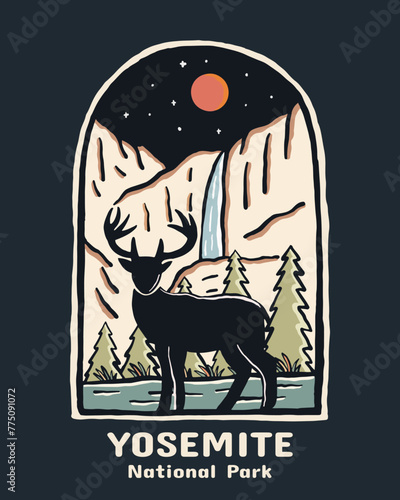 Silhouette deer in front of yosemite falls vintage vector design