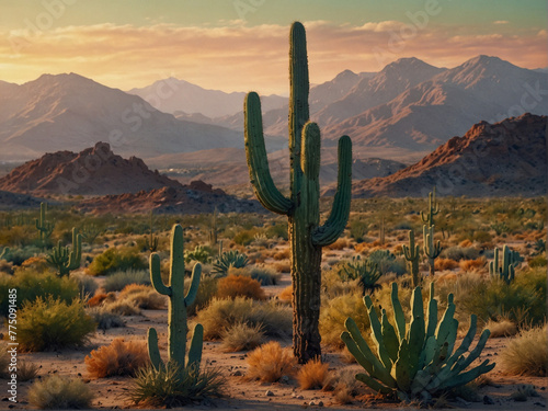 Majestic Cacti Stand Tall in Southwestern Desert Landscape Symbolizing Resilience and Arid Beauty photo