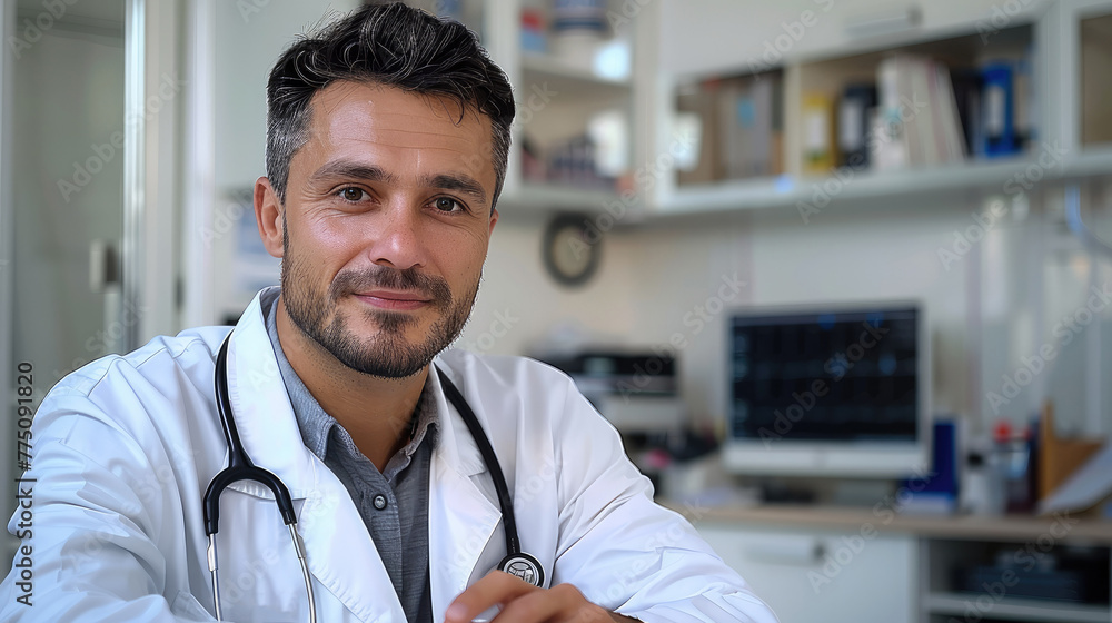 A handsome doctor in a lab coat and with a stethoscope sits behind a desk in a clean white hospital office. Generative AI. A handsome doctor in a lab coat and with a stethoscope sits behind a desk in a clean white hospital office. Generative AI.