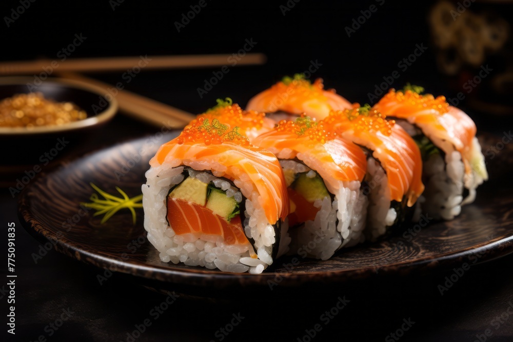 Tasty sushi in a clay dish against a patterned gift wrap paper background Tasty sushi in a clay dish against a patterned gift wrap paper background