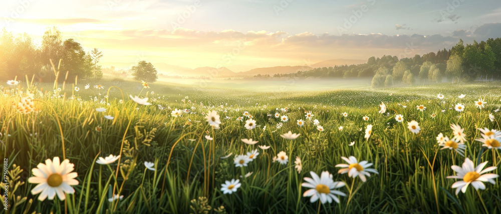 Amazing summer or spring natural pastoral landscape with blooming field of daisies in the grass in the hilly countryside. Panoramic view.