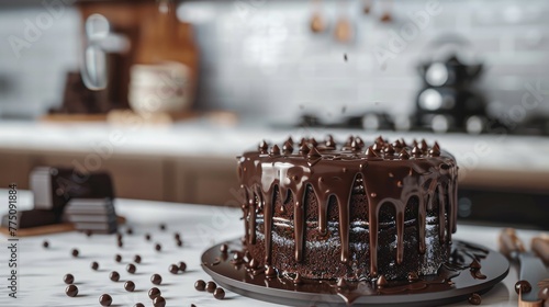 Decadent chocolate waterfall cascading over a luxurious velvet cake, set in an elegant, minimalist kitchen. Generative AI.