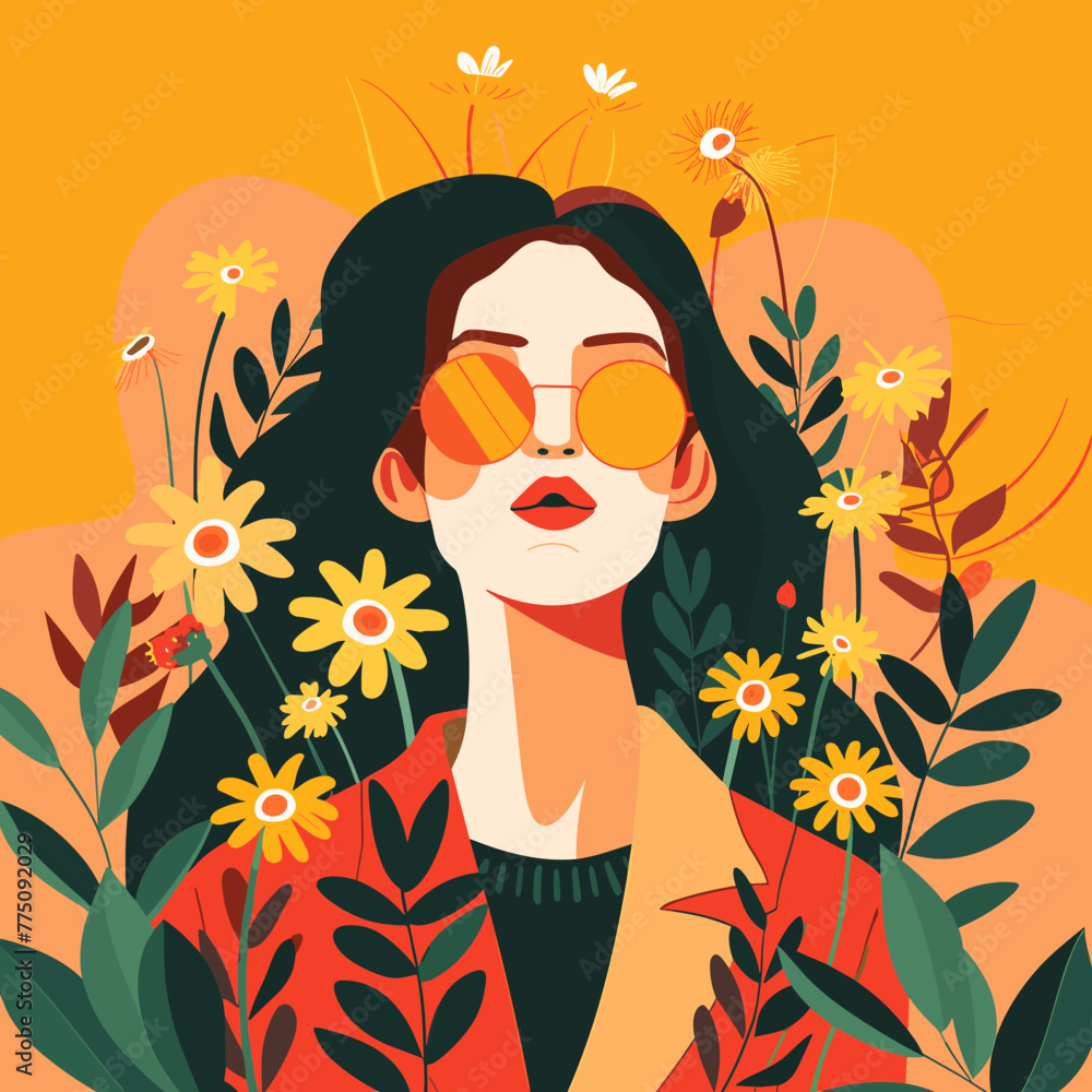 Beautiful young woman with flowers and leaves. Vector illustration in flat style Beautiful young woman with flowers and leaves. Vector illustration in flat style