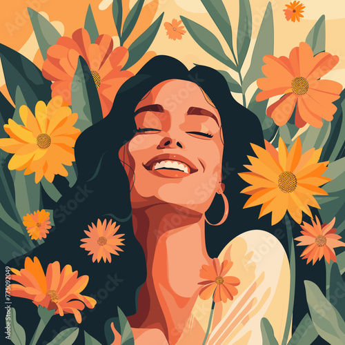 Beautiful young woman with flowers. Vector illustration in flat style.