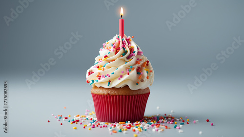 A vibrant birthday cupcake with playful sprinkles and a cheerful topper, situated on a modern table against a minimalist light backdrop Ai Generative