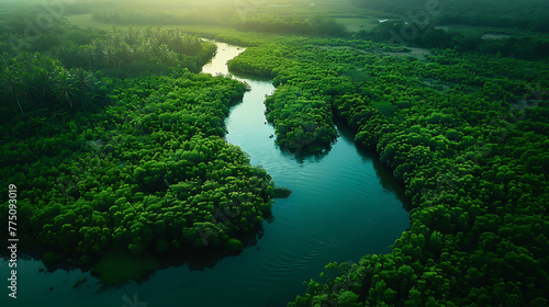An aerial view of a winding river meandering through lush green forests