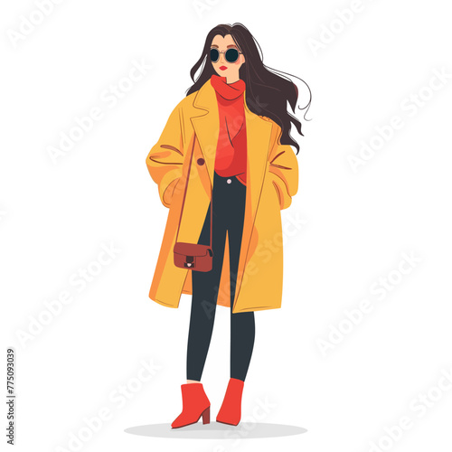 Fashionable girl in a yellow coat and sunglasses. Vector illustration