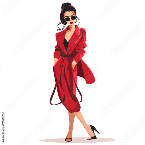 Fashion girl in red coat and sunglasses. Vector fashion illustration.