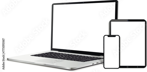 Laptop computer, tablet and mobile phone. Flat lay detailed and realistic devices mockup