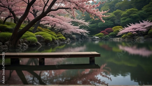 In a serene setting of a meticulously tended Japanese garden, cherry blossom trees, in full bloom, stand like delicate pink clouds against the backdrop of a serene pond. photo