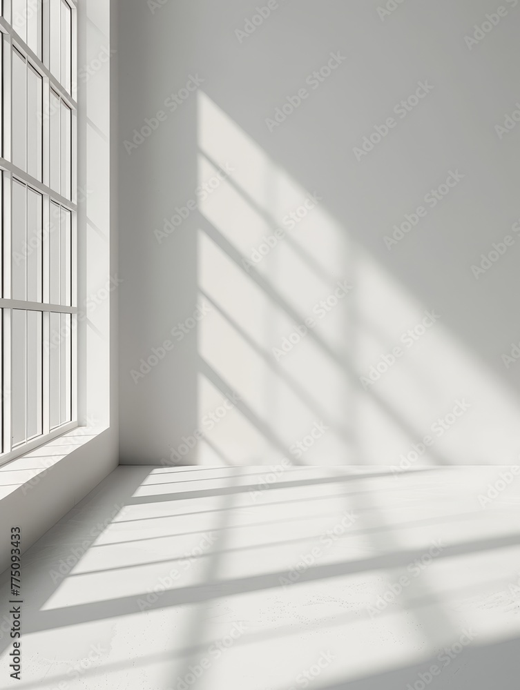 Minimal abstract grey and white backdrop for presentation your product. Background with play of light and shadows from windows on plaster wall in the empty cozy room. Minimal abstract grey and white backdrop for presentation your product. Background with play of light and shadows from windows on plaster wall in the empty cozy room.