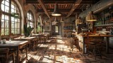 Rustic italian trattoria interior, warm lighting, wooden tables, wide angle view